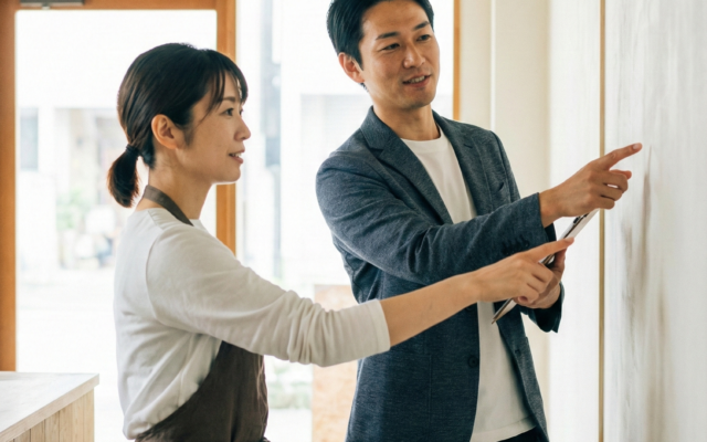 店舗オーナーに修繕内容を説明する様子