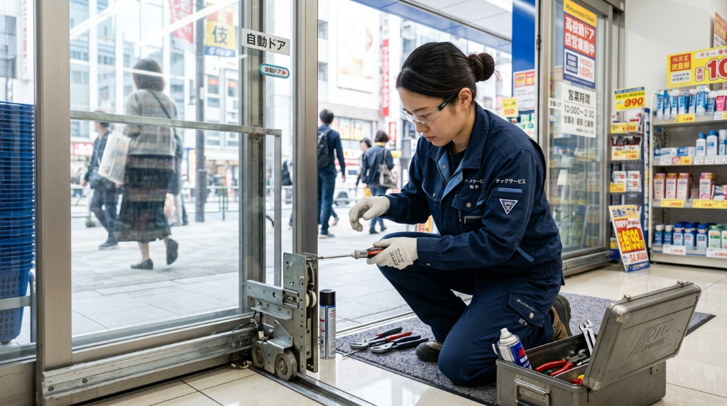 女性職人が店舗のドア修理を行っている様子