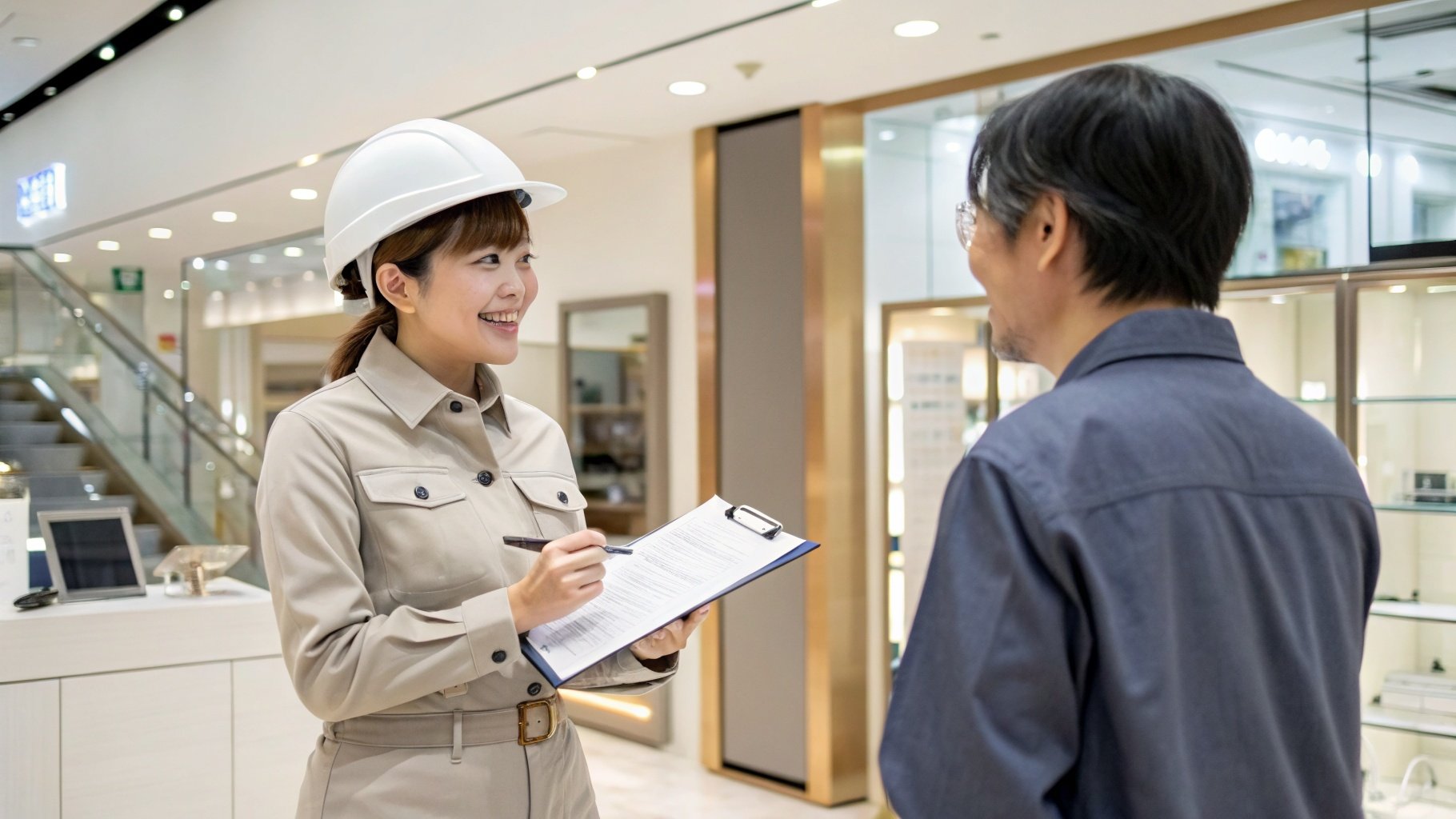 女性スタッフが店舗オーナーに修理内容を説明している様子