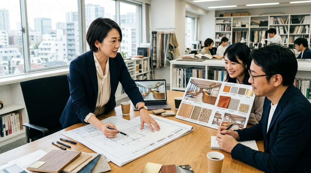 女性デザイナーが店舗改装プランを説明している様子