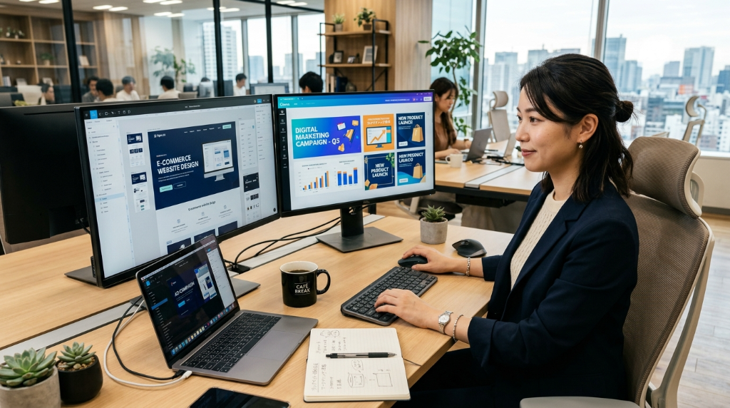女性スタッフがウェブサイトデザインやマーケティング資料を作成している様子