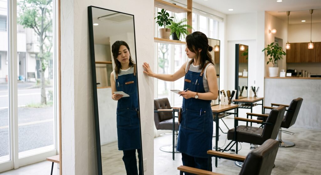 開店前に鏡まわりの壁や設備を点検する美容室のオーナー