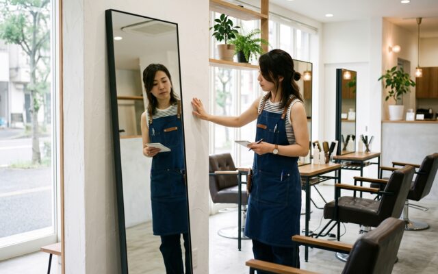 開店前に鏡まわりの壁や設備を点検する美容室のオーナー