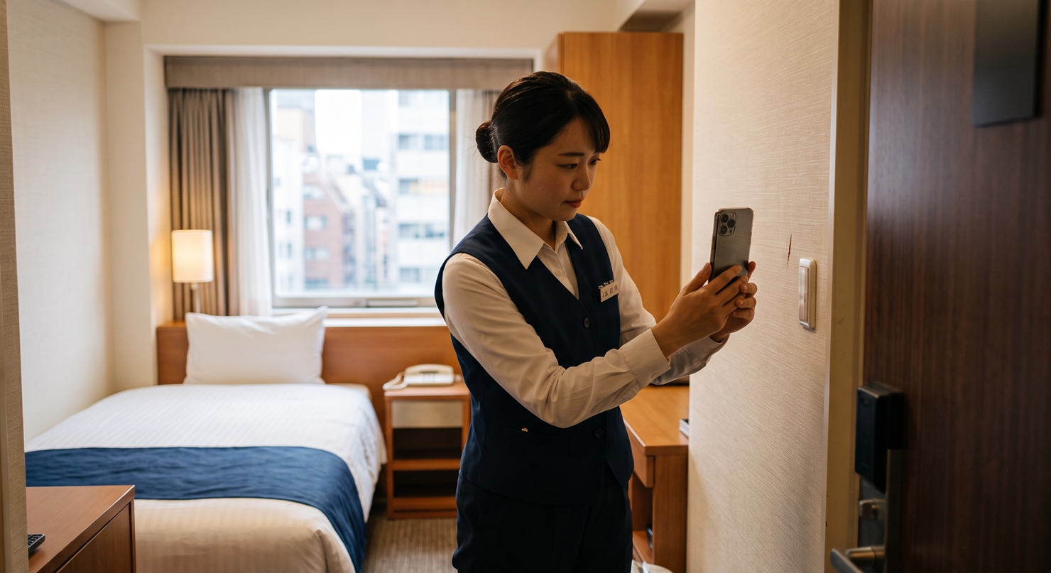 客室の傷んだ箇所をスマートフォンで記録して本部へ共有するホテルスタッフ
