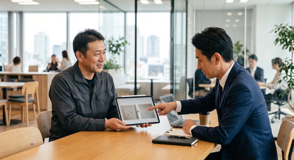 作業報告書をタブレットで確認する管理会社担当者と職人