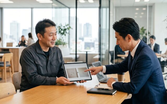 作業報告書をタブレットで確認する管理会社担当者と職人