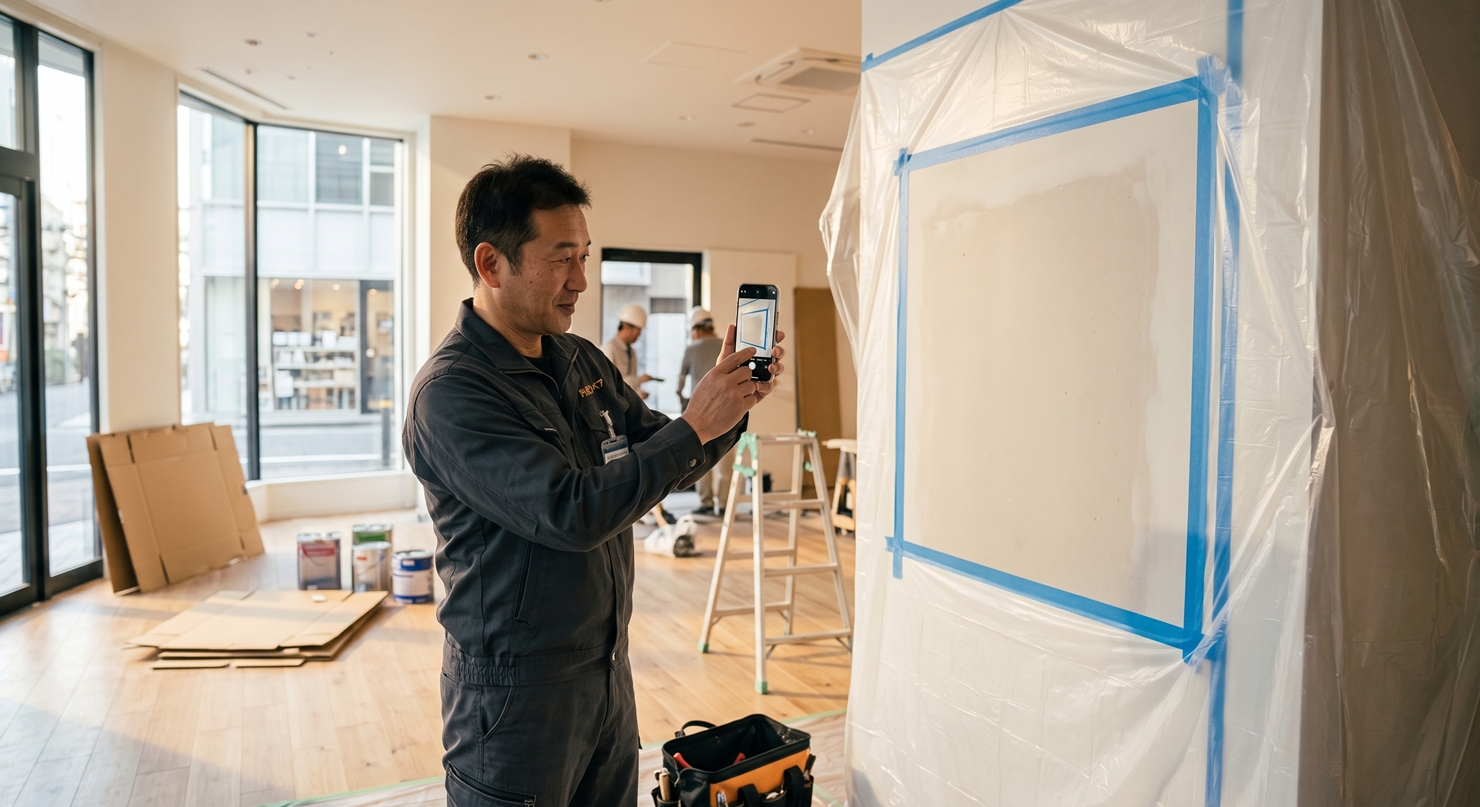 施工中の記録写真をスマートフォンで撮影する職人