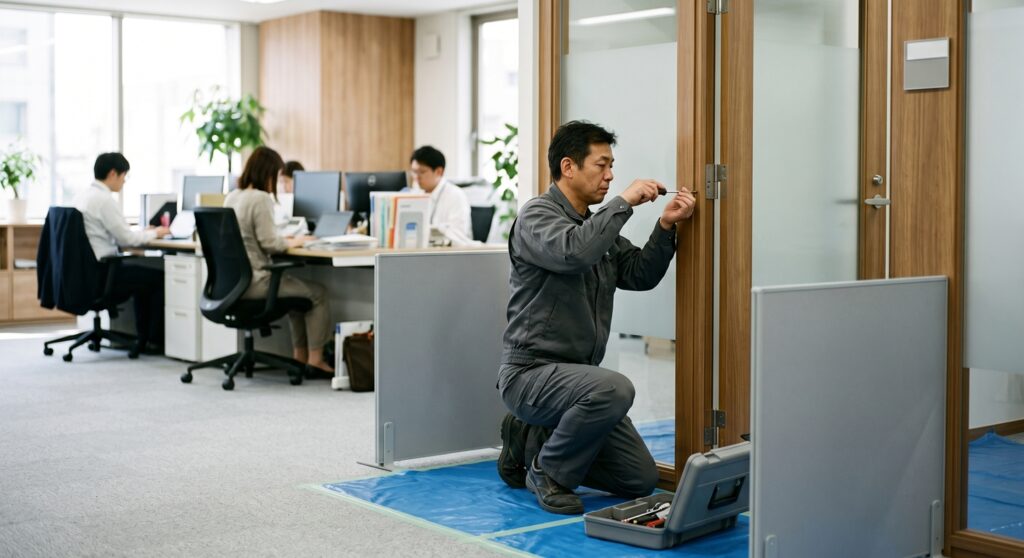 社員が執務中のオフィスで静かにドアの建付けを調整する職人