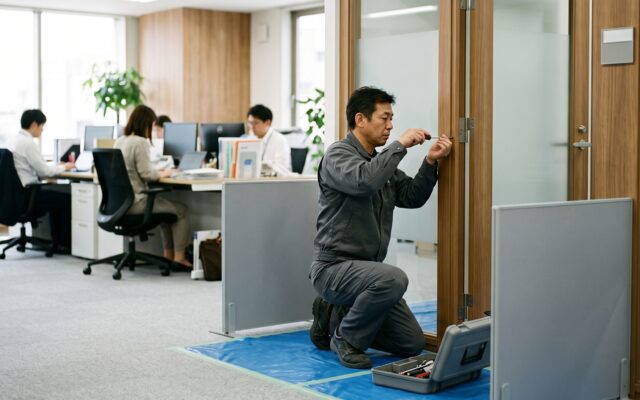 社員が執務中のオフィスで静かにドアの建付けを調整する職人