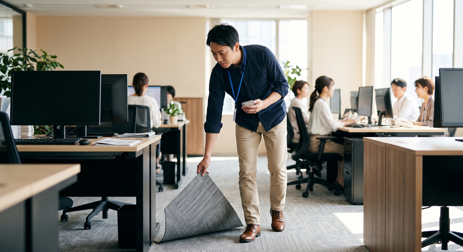 オフィス内の不具合箇所を撮影して棚卸しする総務担当者