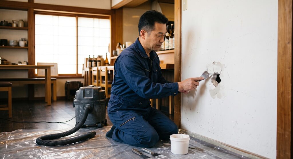 店舗の壁に空いたこぶし大の穴を下地から補修する職人